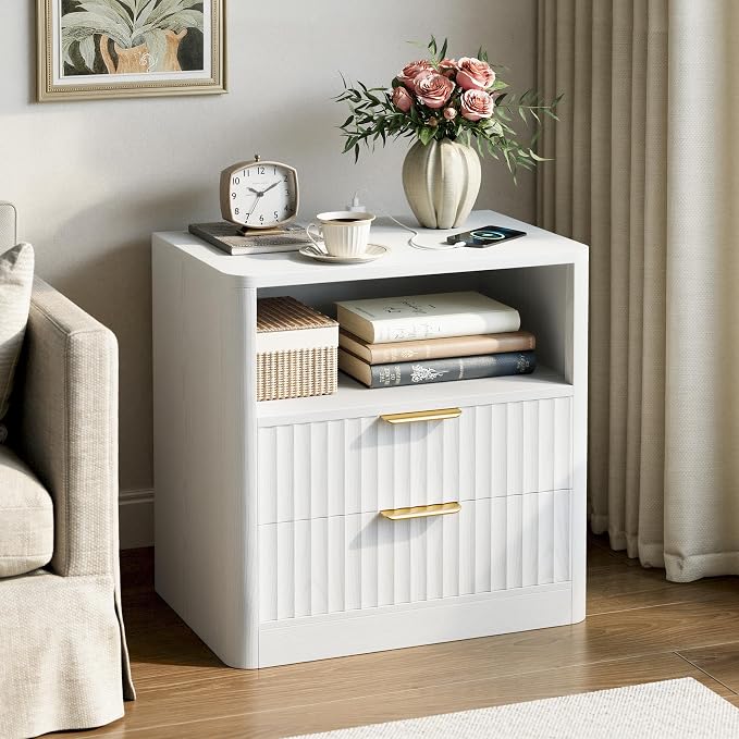 IRONCK Fluted Night Stand Set of 2, Modern Nightstand with Charging Station, Drawers and Open Shelves - Bedside Table Wood Side Table Set for Bedroom, White - Image 8