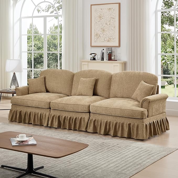 KEIKI Mid Century Modular Sofa with Flared Arms and Skirted Design, 107” Oversized 3-Seater Chenille Sectional Couches for Living Room, Apartment Size Couch, Home Sofa Bedroom Furniture, Light Coffee