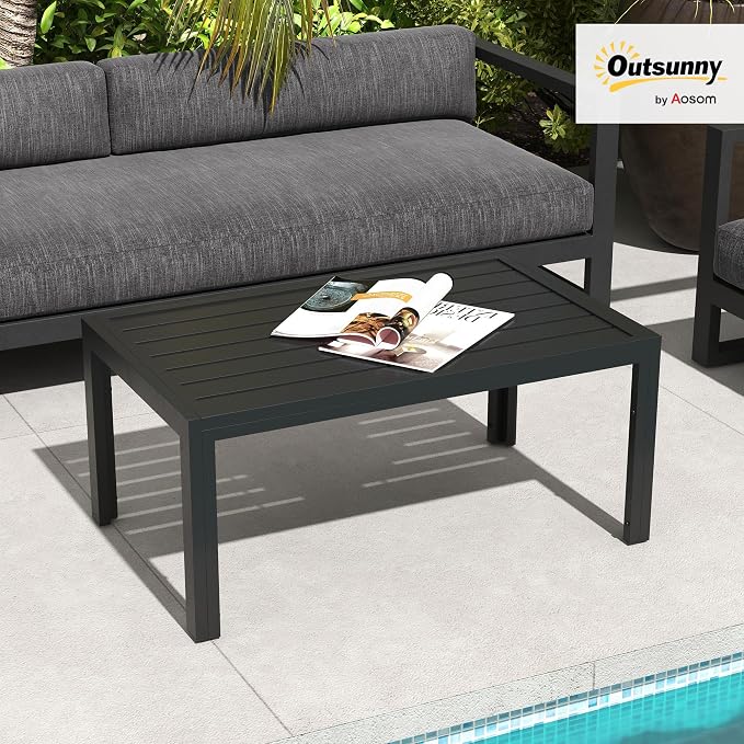 Outsunny Patio Coffee Table, Rectangle Outdoor Side Table with Steel Frame and Slat Tabletop for Garden, Balcony, Backyard, Porch, Black - Image 2