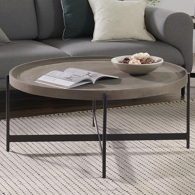 Alaterre Furniture Brookline 42-Inch Round Concrete-Coated Wood Coffee Table with Tray Top and Black Iron Legs – Industrial Farmhouse Living Room Accent Table with X-Frame Base