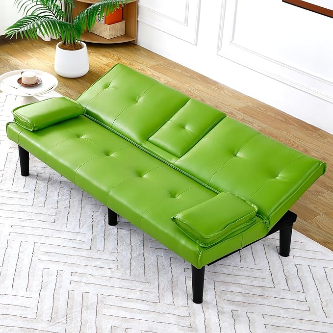 KEIKI 67" Convertible Sofa Bed with Cup Holder, 3 in 1 Futon Sofa Bed, PVC Sleeper Sofa Chair for Living Room, Office, Green