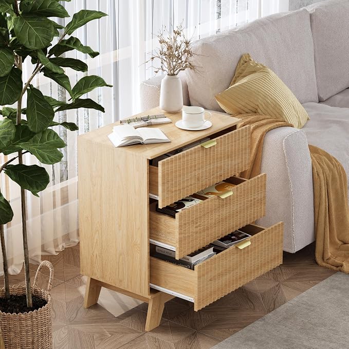 Wodeer Natural Oak Night Stand with 3 Drawers, Bedside Table & End Table, 24" Wide Mid Century Modern Fluted Wood Nightstand with Metal Handles, Farmhouse Night Stands for Bedroom - Image 3