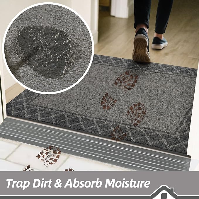 BEQHAUSE Door Mat Indoor Entrance Dirt Trapper Rugs for Entryway Non Slip Welcome Mat Absorbent Floor Mat Low Profile Washable Front Doormat for Dirty Paws, 20" x 32", Grey - Image 4