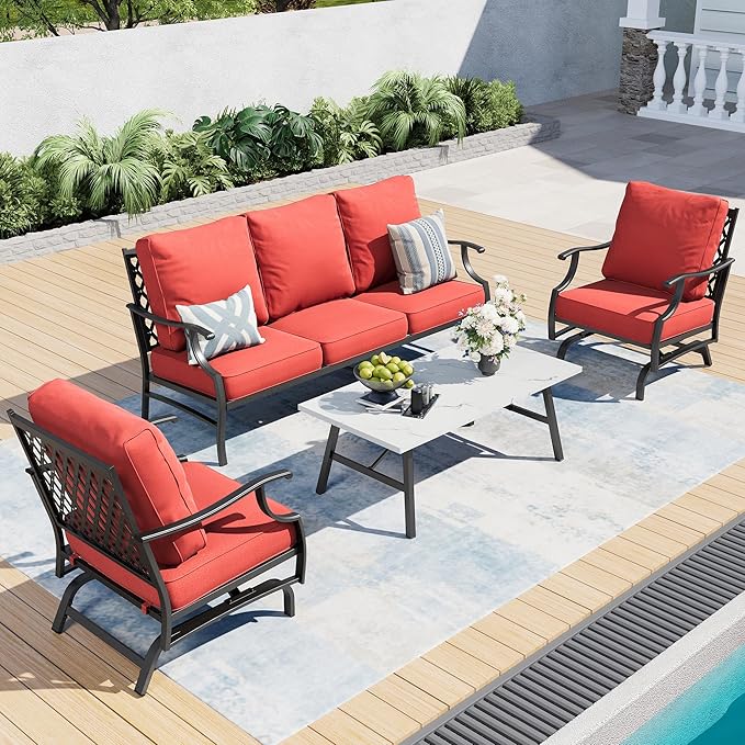 4 Piece Metal Outdoor Patio Furniture Set, Patio Conversation Set 1 3-Seater Sofa, 2 Rocking Chair with 5.75" Extra Thick Cushion and Coffee Table, Black Frame Backyard Furniture, Red