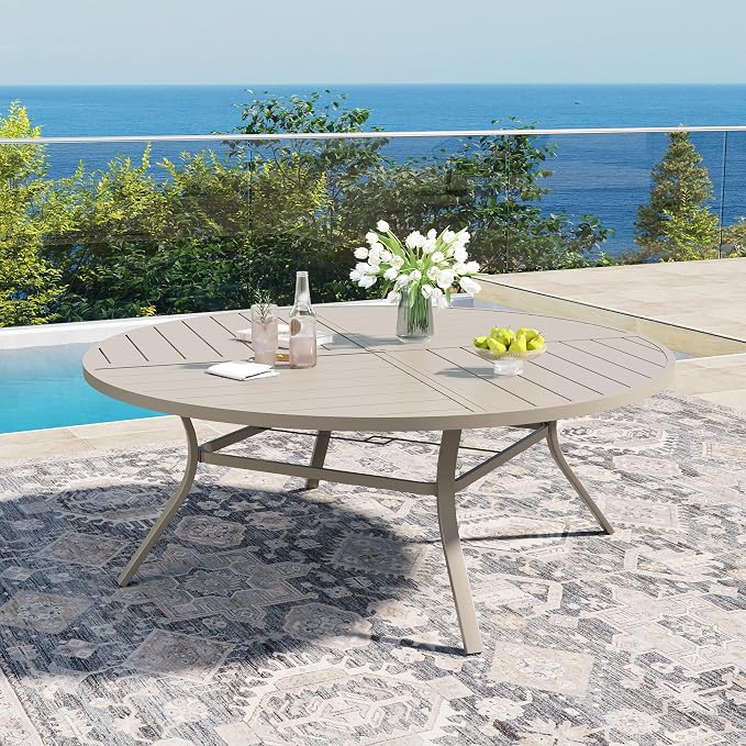 DIFY 11 Pieces Outdoor Patio Dining Set for 10, 63" Round Metal Patio Table and 10 Stackable Textilene Patio Chairs, Outdoor Table and Chairs for Backyard Garden Poolside, Sandshell - Image 2