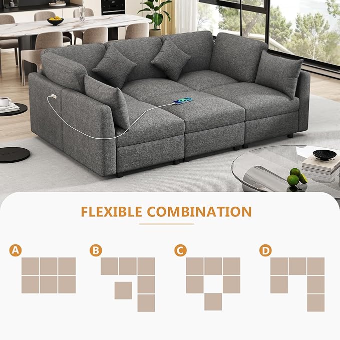Eafurn 6 Seater Reversible Modular Sectional Sofa Convertible Sleeper Couch Bed, Free Combination Chenille Upholstered Corner Sofa Couches with USB Ports and Detachable Cushions (Grey)