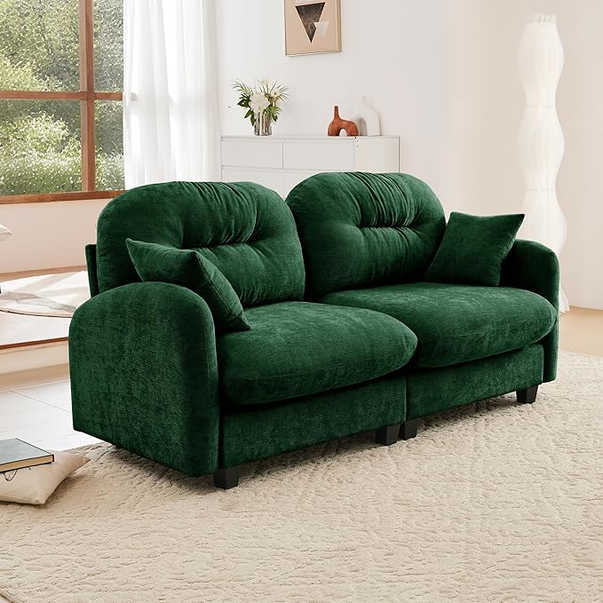KEIKI 74" Oversized Chenille Modular Sectional Loveseat Sofa with High-Density Foam Cushions and Tufted Pleated Cushion Backrest, Upholstered 2-Seater Cloud Couch with 2 Pillow, for Living Room, Green