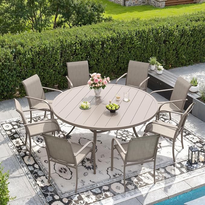 DIFY 9 Pieces Outdoor Patio Dining Set for 8, 53" Sandshell Round Metal Dining Table and 8 Sandshell Stackable Sling Dining Chairs, Outdoor Table and Chairs for Lawn Garden Backyard Deck by DIFY