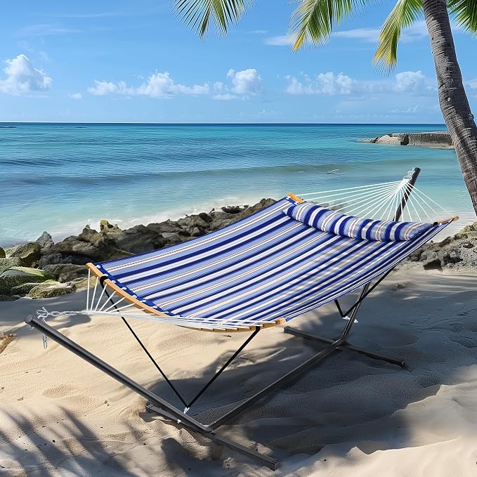 SUPERJARE Hammock with Stand, 2 Person Heavy Duty Hammock with Padded Cotton, Detachable Pillow & Strong Curved-Bar & Portable Carrying Bag, Perfect for Outdoor & Indoor, Navy Blue Stripe - Image 3