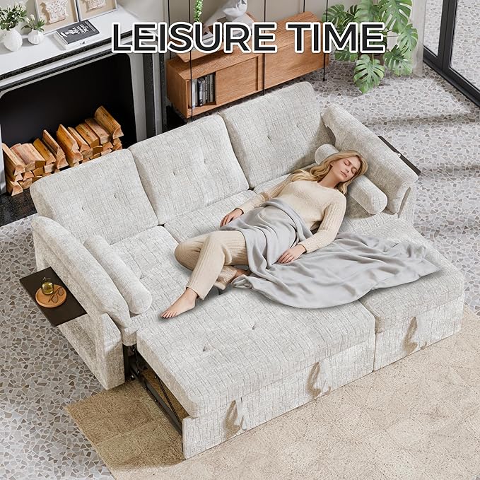 Convertible Queen Sofa Bed, 63 Inch Chenille Pull Out Couch with Side Table, 3 Seat Pull Out Sofa Bed with Level Adjustable Backrest, Comfy Sleeper Sofas for Living Room, Apartment, Beige