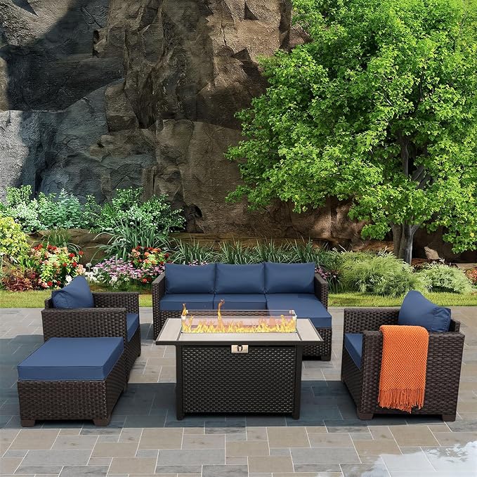 6-Piece Patio Furniture Set Outdoor Furniture Set with 45'' Propane Gas Fire Pit Table Outdoor Conversation Set Wicker Sofa Set Non-Slip Cushions Waterproof Covers, Navy Blue
