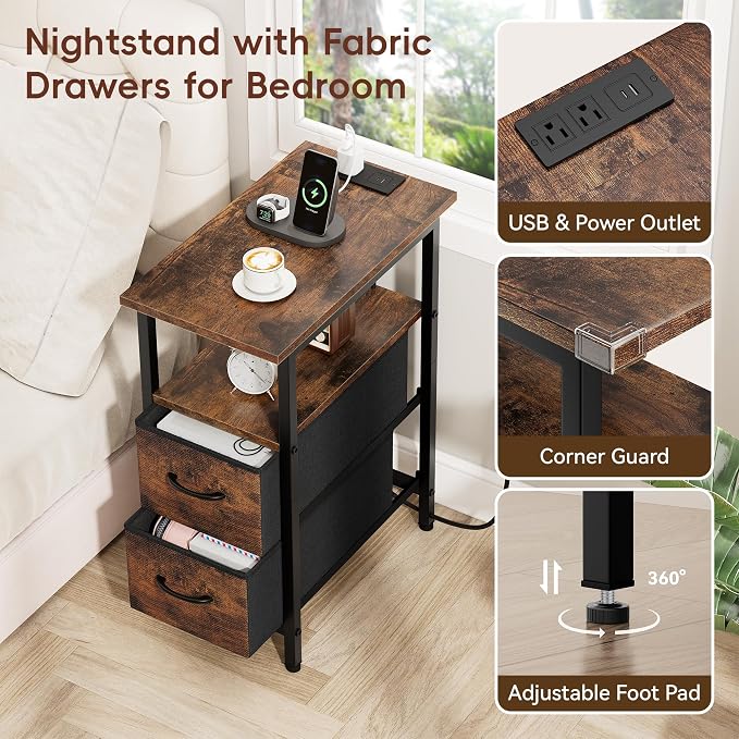 Vagusicc Set of 2 Nightstand with Charging Station and LED Lights, Narrow Side Table, LED Night Stand with 2 Fabric Drawers, Bedside Table Small End Table, Tall Nightstand for Bedroom, Rustic Brown - Image 6