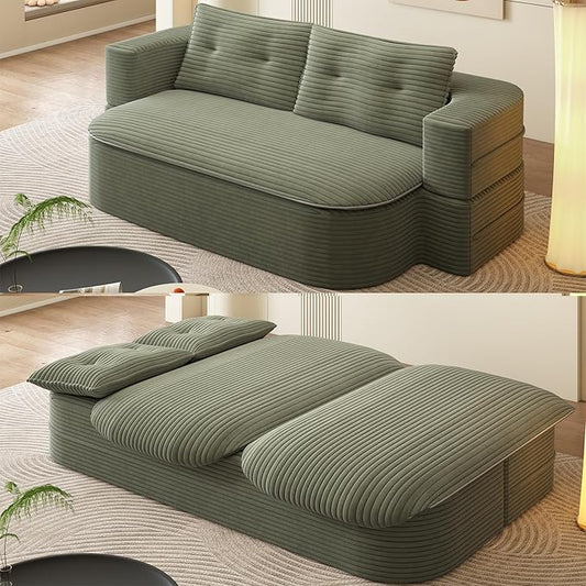 78.7" Convertible Sofa Bed, 2-in-1 Folding Floor Couch with 2 Pillows and Blanket, Plush Corduroy Fabric Sleeper Sofa for Living Room and Bedroom, No Assembly Required (Green)