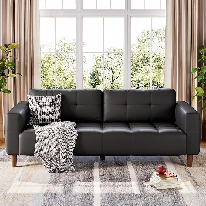 GarveeHome 3-Seater Sofa Couch, 83" Wide Faux Leather Sofa Couch with Spring Cushion, Modern Sofa with Deep Seats and 2 Removable Back Cushions, for Living Room, Apartment, Office, Modern Black