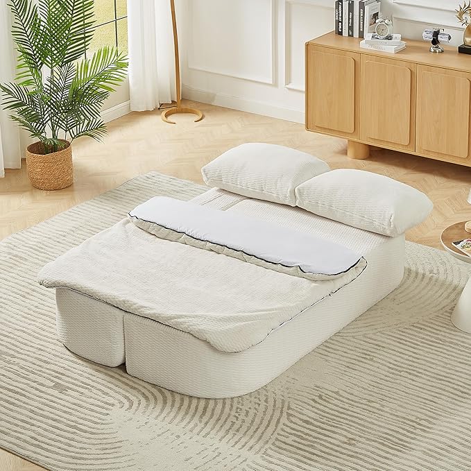 KEIKI 74.8'' Convertible Sleeper Sofa Bed, Modern Folding Futon Couch with Cushion Blanket, Floor Foam Compression Sofa Bed Couch for Living Room, Bedroom, Apartment, No Assembly Required, Beige
