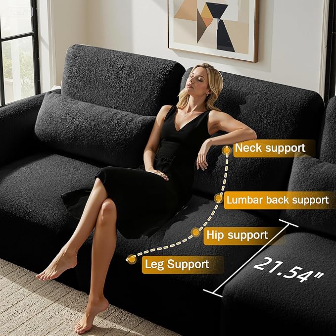 Sectional Sofa Couch, Modern U Shaped Sectional Couch with Ottoman, Modular Sectional Sofa Cloud Couches for Living Room (Black, 3 Set + 1 Ottoman)