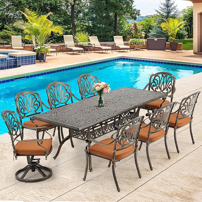 [Hi-End]9-Piece Outdoor Dining Set All Aluminum Patio Table and Chairs Set with 2 Swivel Chair & 6 Patio Chair Outdoor Dining Table Set for 8 Include 86.6’’ Rectangular Patio Table with Umbrella Hole by RICHRYCE
