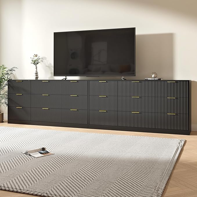Black Dresser Set of 2, Long Dresser for Bedroom Wooden with 18 Drawers, Fluted Modern Bedroom Furniture Set, TV Stand Dressers & Chests of Drawers for Closet (15.7"D x 125.8"W x 31.8"H)