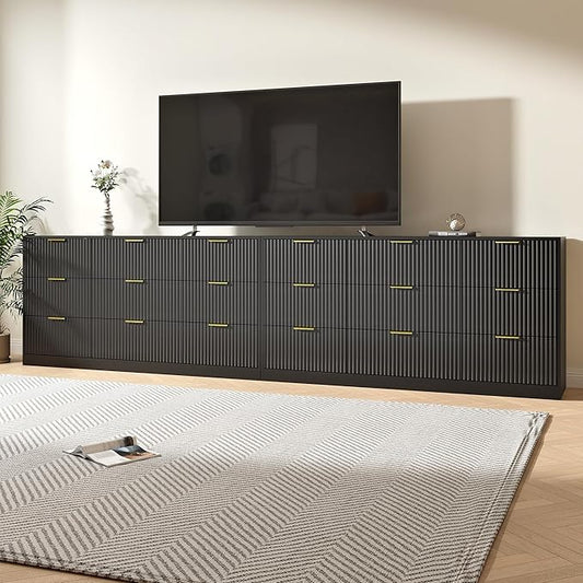 Black Dresser Set of 2, Long Dresser for Bedroom Wooden with 18 Drawers, Fluted Modern Bedroom Furniture Set, TV Stand Dressers & Chests of Drawers for Closet (15.7"D x 125.8"W x 31.8"H)