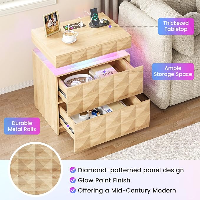Dystler LED Nightstand with Charging Station,3 Drawers Night Stand with Lockable Hidden Storage,Smart Bedside Table with Human Sensor RGB Lights for Bedroom,Wood - Image 7