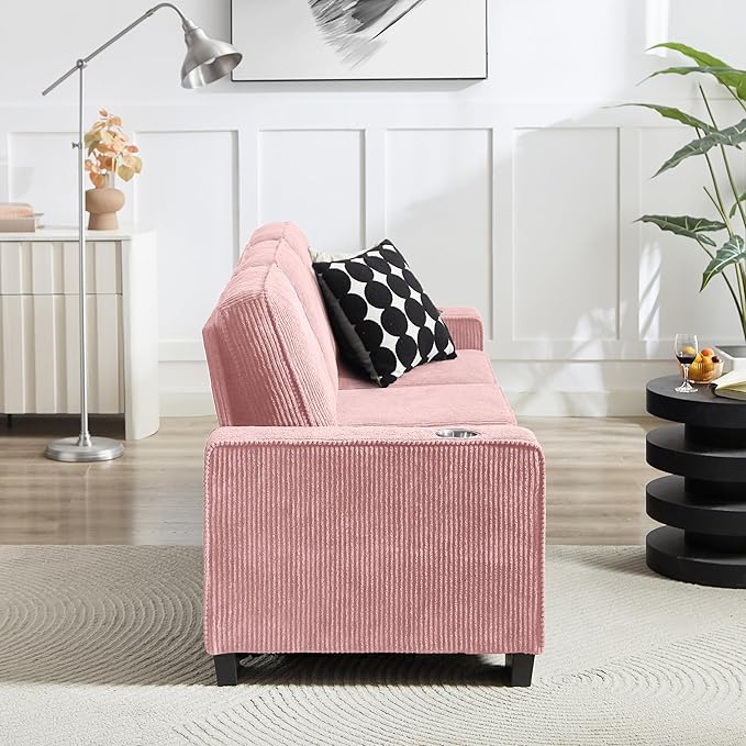 83" Modern Cloud Sofas for Living Room Bedroom, 3 Seat Modular Couch Soft Corduroy Upholstered Loveseat Couches with Cupholders for Home Apartment Office Studio