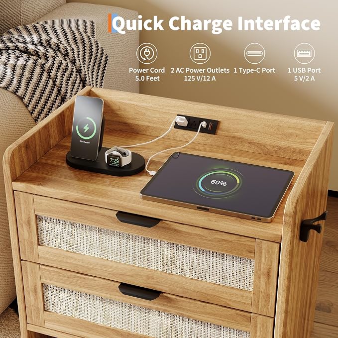 Rattan Nightstand Set of 2, Bedside Table, Modern Night Stand with Type-C Charging Station, 2 Drawer Storage Space, with Hook Included, Suitable for Bedroom, Office as a End Table, Side Tables - Image 4
