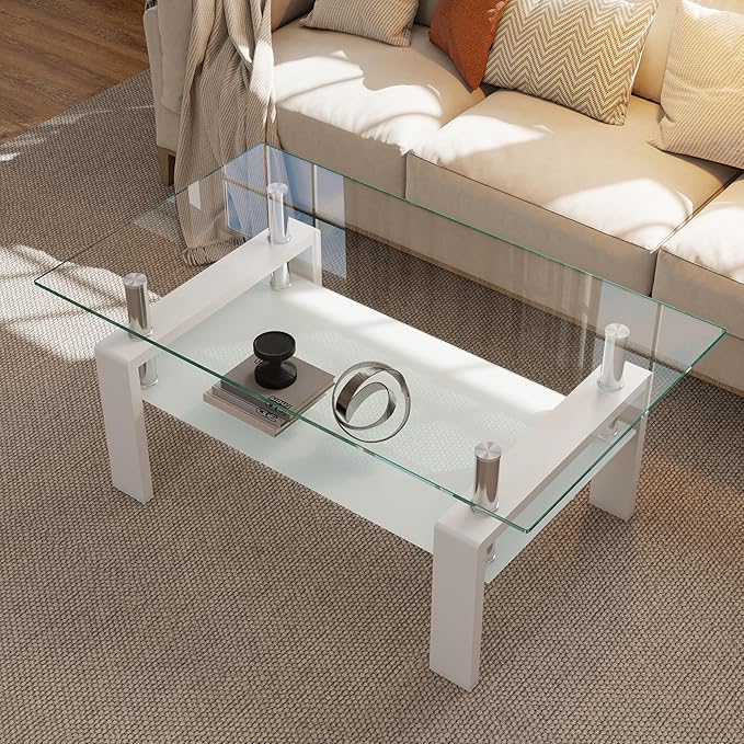 IANIYA Glass Coffee Table, Living Room Rectangle Coffee Table with Tempered Glass & Metal Tube, 2 Layers of Storage Space Modern Tea Table Side Table for Waiting Room Small Space