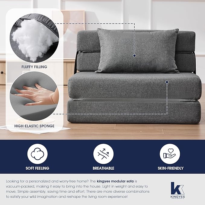 KINGYES 3 in 1 Foldable Chair Bed, Folding Sleeper Chair with Back Cushion, Convertible Chair Bed Sleeper for Adults, Gray