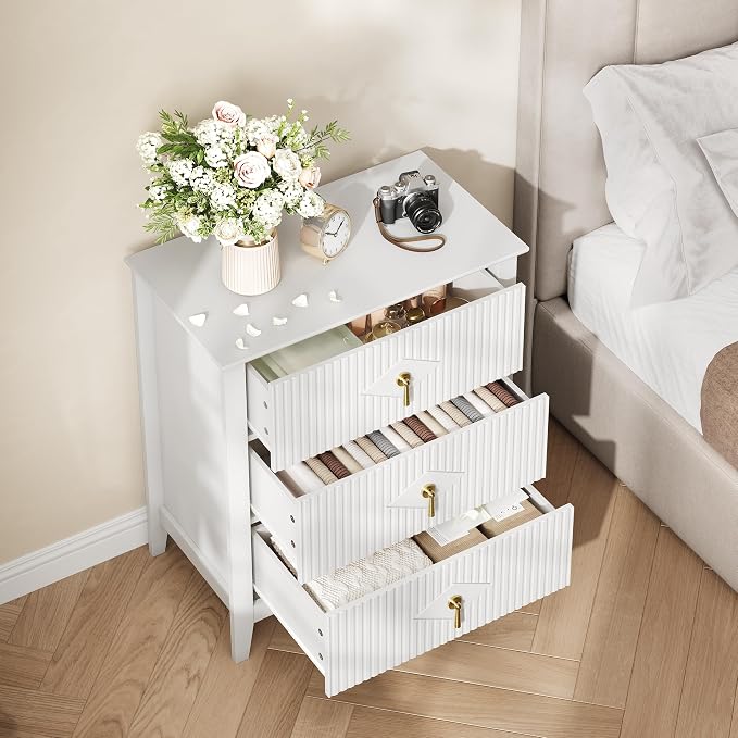 GarveeHome Wood Nightstand Fluted Dresser for Bedroom, 27.5" Wide 3-Drawer Bedside Tables, Modern Chest of Drawers, Storage End Table Living Room, Hallway, Entryway, White - Image 6