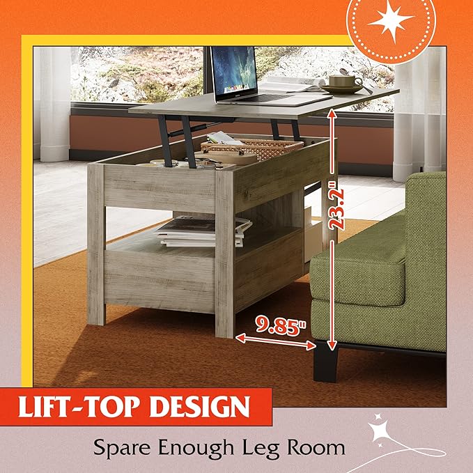 WLIVE Coffee Table, 39" Lift Top Coffee Table with Hidden Compartment, Storage Drawers and Storage Shelf for Living Room, Reception Room, Grey