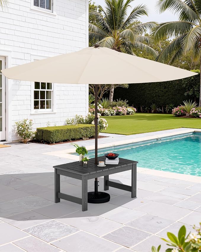 SERWALL Outdoor Coffee Table with 9FT Umbrella, HDPE Patio Coffee Table for Outside, Rectangle, Gray(Not Include Umbrella Base) - Image 2