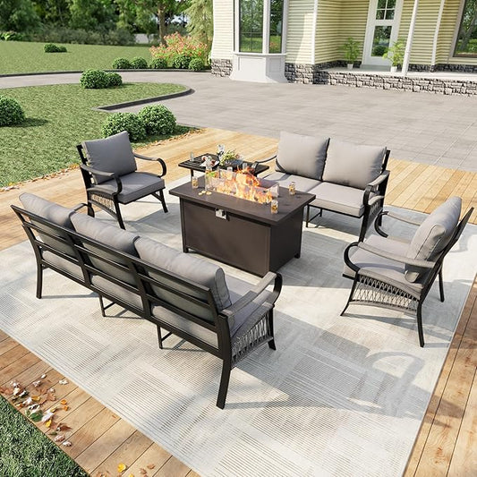 6 Pieces Patio Conversation Sets, All Weather Metal Outdoor Furniture Set 3-Seater 2 Single Chairs 1 Loveseat with Coffee Table and Fire Pit Table for Backyard Garden Deck Porch Poolside, Gray