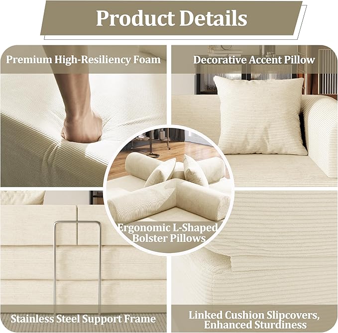53.15'' Convertible Compressed Corduroy Folding Cloud Sofa Bed, Modern Boneless Pull Out Loveseat Sleeper in a Box, 4 in 1 Floor Mattress Futon Cloud Couch, No Assembly Needed, Beige, 2 Pillows, Full