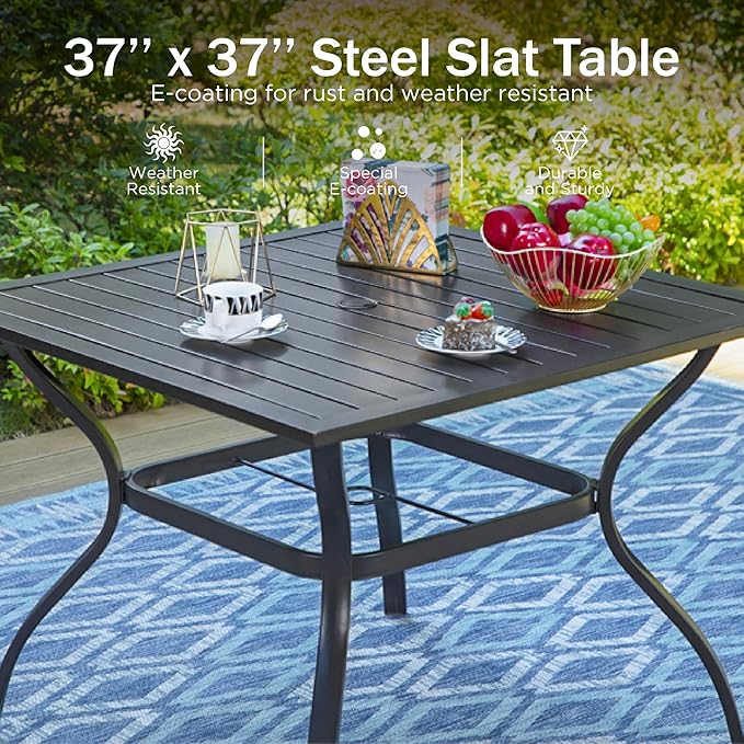 PHI VILLA 5 Pieces Outdoor Dining Set for 4, 37" Square Metal Table with Umbrella Hole & Wrought Iron Swivel Chairs, All Weather Outside Furniture with Red Cushions & Pillows for Patio, Deck, Porch - Image 8