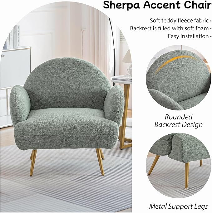 Accent Chair Green with Golden Metal Legs,Reading Chair for Bedroom Comfy, Boucle Sherpa Chair for Living Room, Bedroom