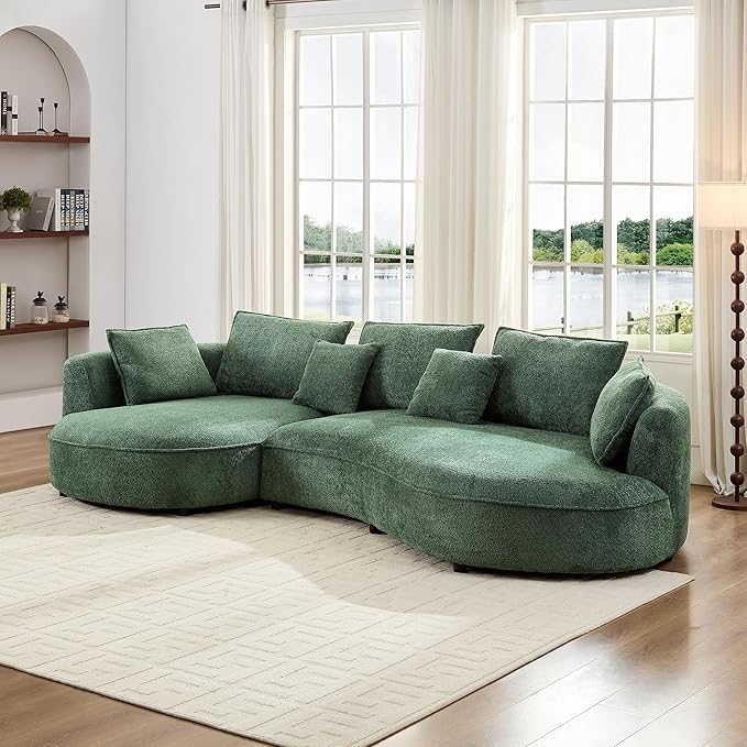 KEIKI 125" Luxury Curved Boucle Sectional Sofa with Left Chaise, Upholstered Modern Style Oversized 5-Seater Couch with Thickened Seat Cushions, Easy Assembly, for Apartment, Living Room, Green