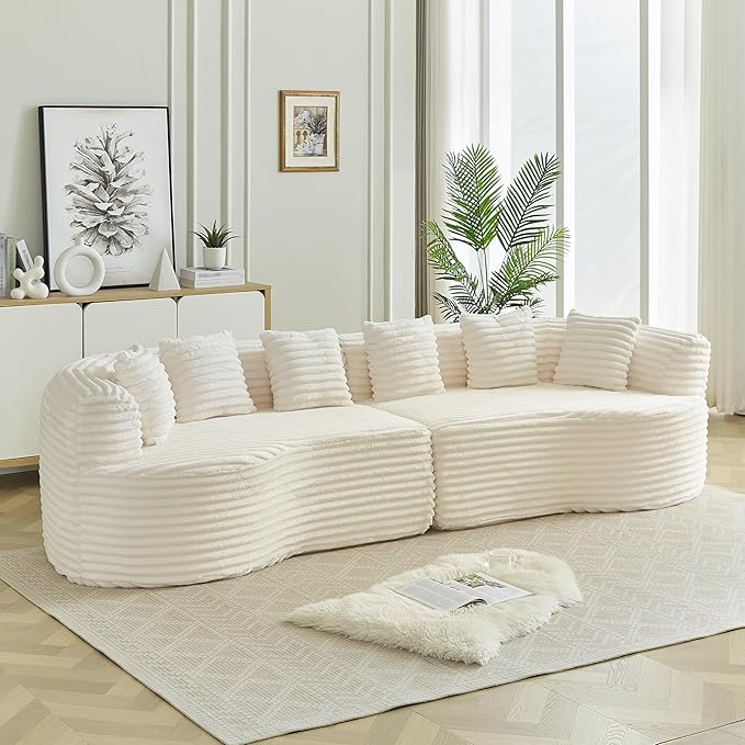 106-Inch Curved Boneless Sofa Couches Compressed 4-Seat Foam Couch for Living Room Bedroom, Boneless Modular Cloud Sofa Curved Floor Couch with 6 Pillows, No Assembly