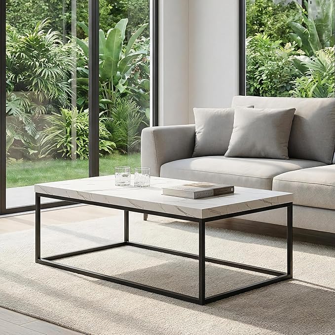 CENSI 47-Inch White Marble Coffee Table Ottoman Center Table for Living Room, Rectangle Modern Industrial Style,Wood and Metal (Marble)