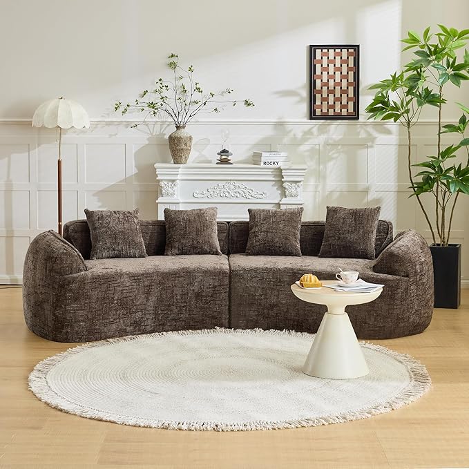 109-Inch Curved Boneless Sofa Couches Compressed 4-Seat Foam Couch for Living Room Bedroom, Boneless Modular Cloud Sofa Curved Floor Couch with 4 Pillows, No Assembly
