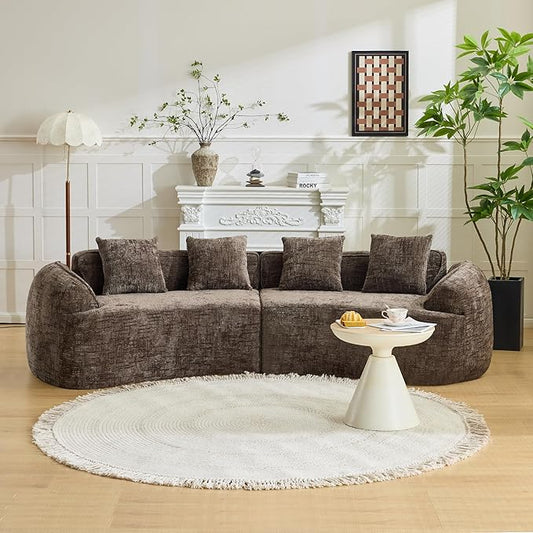 109-Inch Curved Boneless Sofa Couches Compressed 4-Seat Foam Couch for Living Room Bedroom, Boneless Modular Cloud Sofa Curved Floor Couch with 4 Pillows, No Assembly