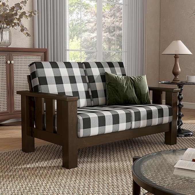 Furniture of America Gavik Modern 2-Piece Solid Wood Sofa Set with Plaid Removable Cushions, Black and White Upholstery Fabric, Comfortable Couch and Loveseat for Living Room, Dark Walnut