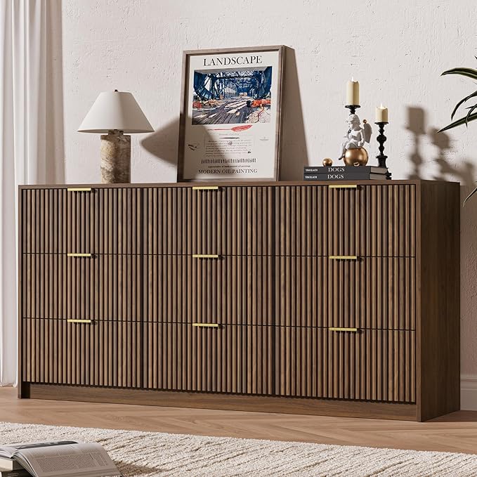 MAISONARIA 3-Piece Dresser Bedroom Set, 6 Drawer Dresser & 2 Drawer Nightstands with Gold Handles, Fluted Wood Chest of Drawers for Bedroom, Living Room, Entryway, Walnut