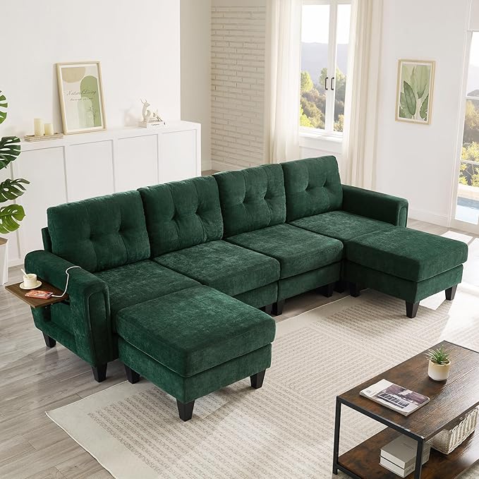 ERYE 115-Inch U-Shaped Modular Sectional Sofa Include 2 Ottomans and 4 Seat, Comfy Chenille Upholstered Tufted U Shaped Sectional Couch W/Coffee Table and USB-C Ports