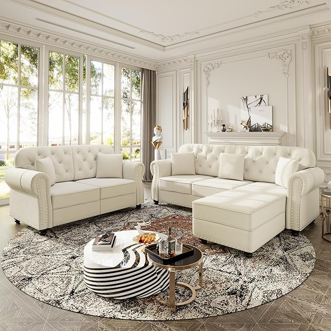 KEIKI 2-Piece Chesterfield Sofa Set with 1 Velvet 3-Seater Sofa & 1 Loveseat Sofa, Upholstered 5-Seater Couch Set with Nailhead Trim & Rolled Arms & 1 Ottoman & 5 Pillow, for Living Room, White