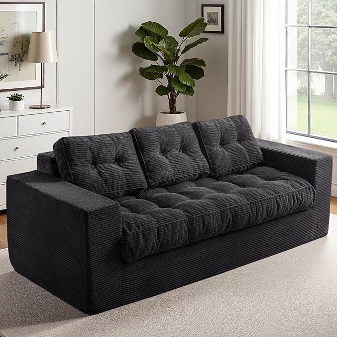 MAXYOYO Oversized Loveseat Sofa Couch, Upholstered Bean Bag Chair Cloud 3-Seat for Adults, Boneless Couch with Tufted Cushion & Pillows, Sofa in A Box, No Assembly Required, Black