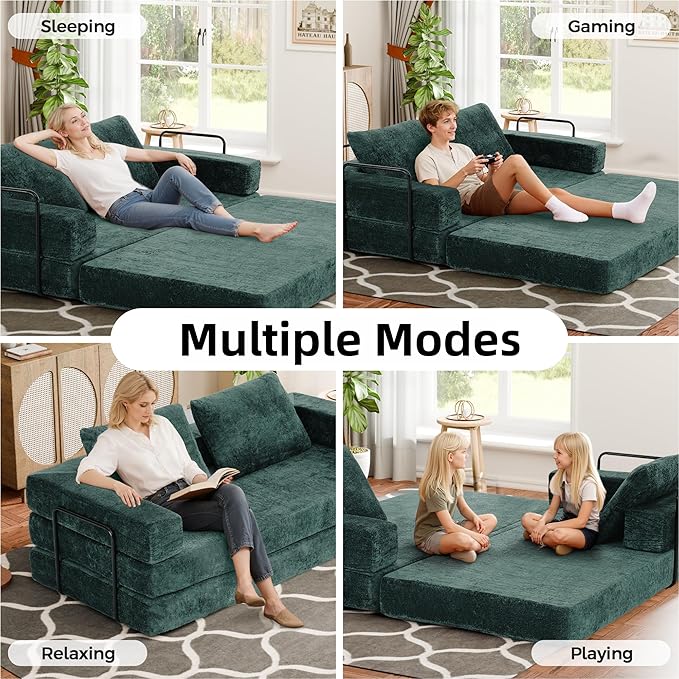 Convertible Sofa Bed, 4-in-1 DIY Combination Boneless Sleeper Sofa Bed with Pillows, Comfy Modular Couch with Fixed-Shape Frame, Chenille Convertible Lounge Couch for Living Room, Green