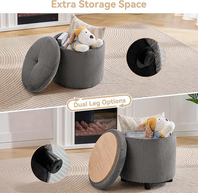 WUTUTUEE Corduroy Storage Ottoman with Flip-Top Tray, Modern Upholstered Ottoman Coffee Table, Dual Leg Options Ottoman Footrest for Living Room, Bedroom, Office, Grey