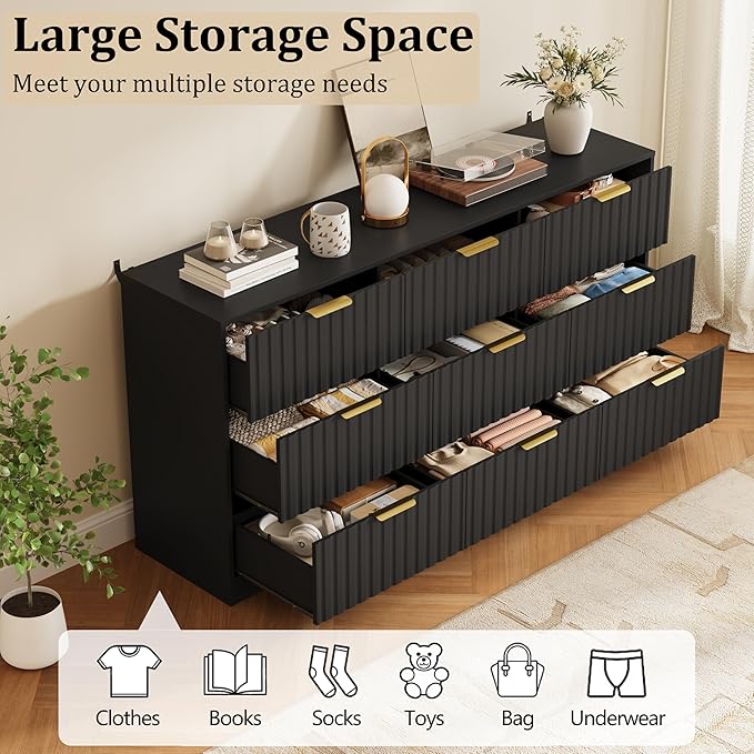 9 Drawer Dresser and Nightstand Sets for Bedroom, Modern Fluted 3 Pcs Bedroom Dresser Furniture Sets, Wood Chest of Drawers and Nightstand Set of 2 with Metal Handles, Black