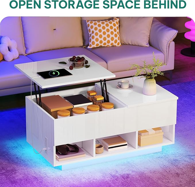 YITAHOME LED Lift Top Coffee Tables for Living Room with Power Outlets Charging Station, Modern Coffee Table with Storage 2 Drawers and Open Shelfs Rectangular Small Coffee Table Decor, Glossy White
