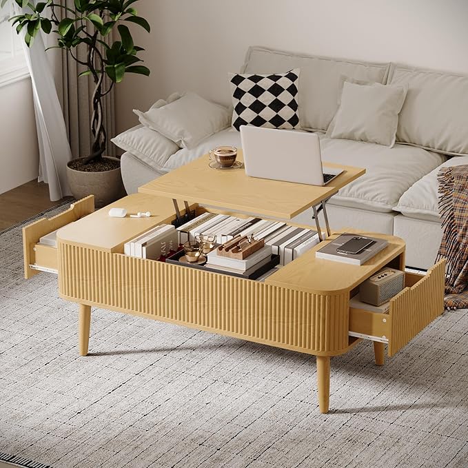 47.2” Modern Coffee Table Wooden Fluted Lift Top Coffee Table with Hidden Compartment, Mid Century Modern Rectangle Center Tables with Lifting Tabletop & 2 Storage Drawers for Home Living Room Natural